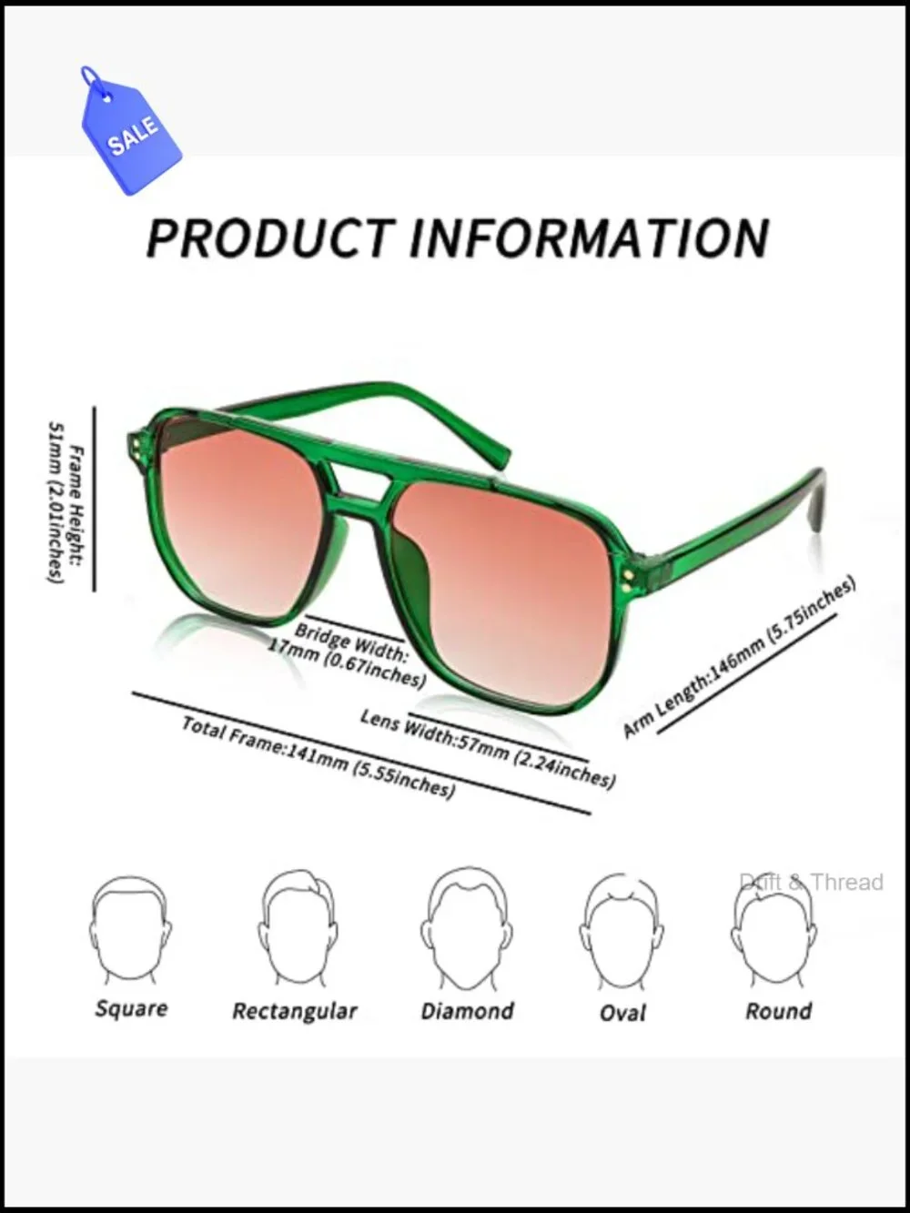 Retro Square Aviator Sunglasses Unisex UV400 Plastic Frame